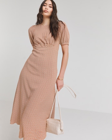 Nobody's Child Brown Geometric Print Puff Sleeve Bonnie Midi Dress