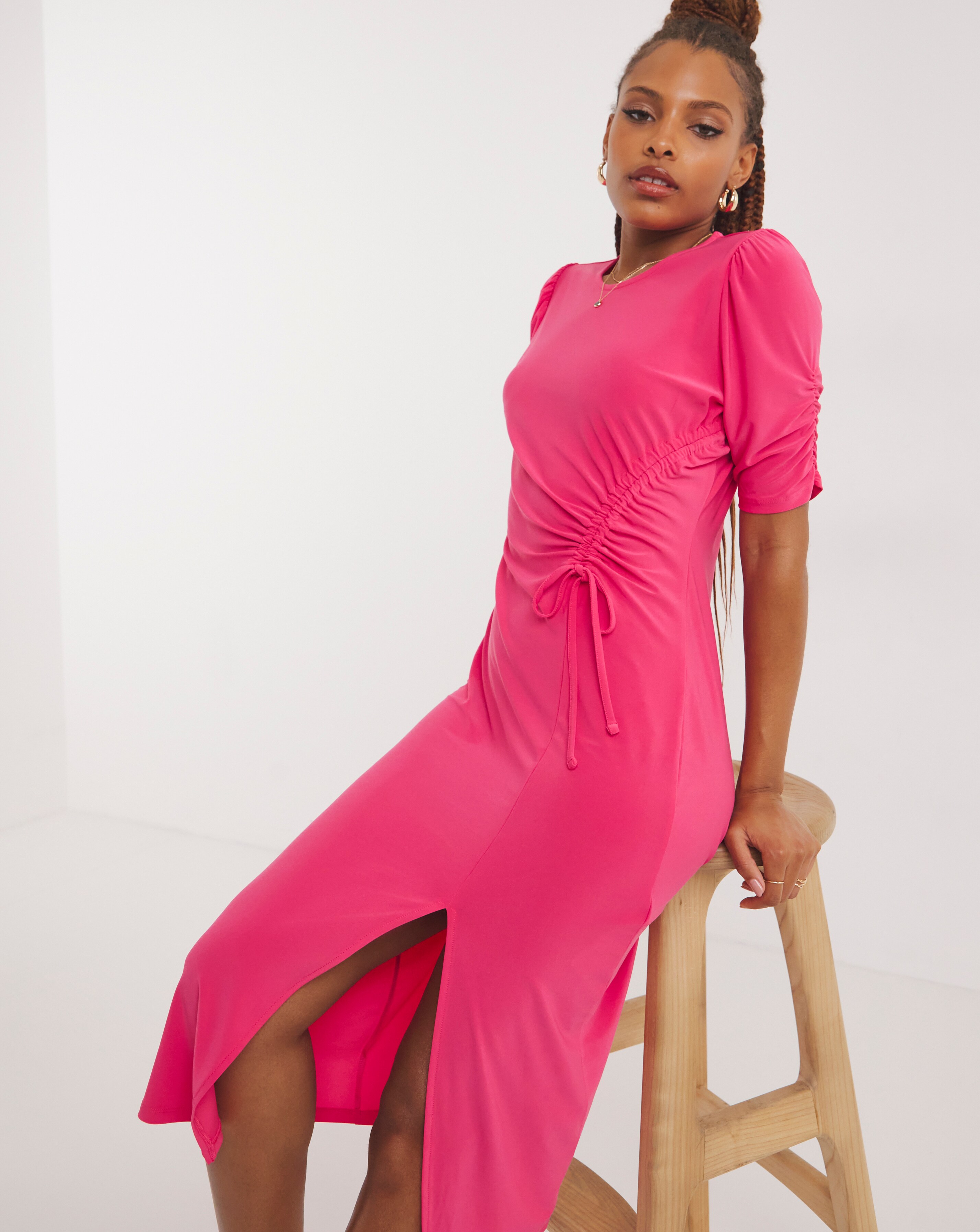 Pink ruched dress with sleeves sales