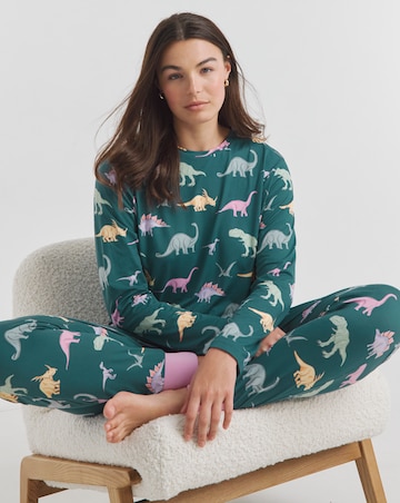 Chelsea Peers Jersey Ditsy Dinosaur Print Crew Pyjama Set