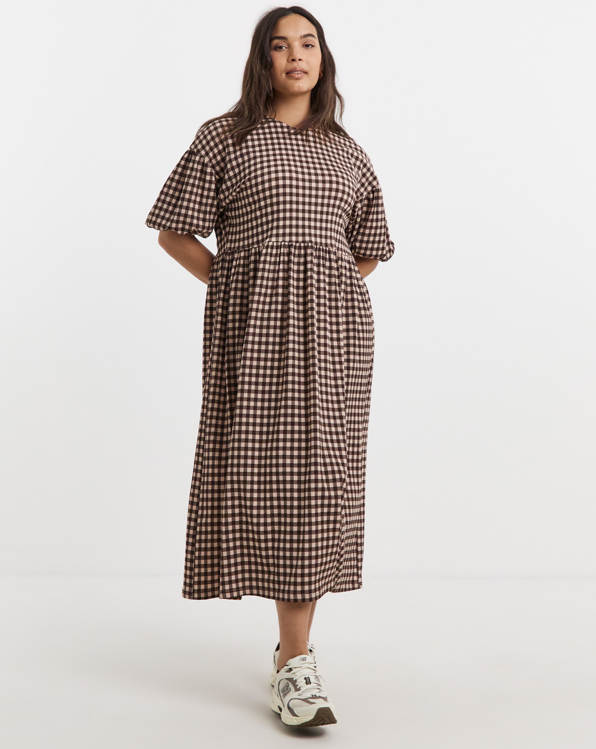 Simply Be Brown Gingham Waffle Bow Back Midi Dress