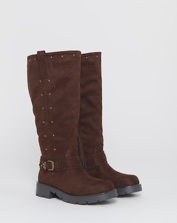 Zoey Studded Knee High Biker Boots - Wide Fit (E) & Curvy Calf