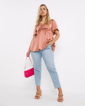 Dark Blush Pink Ruched Short Sleeve Satin Blouse