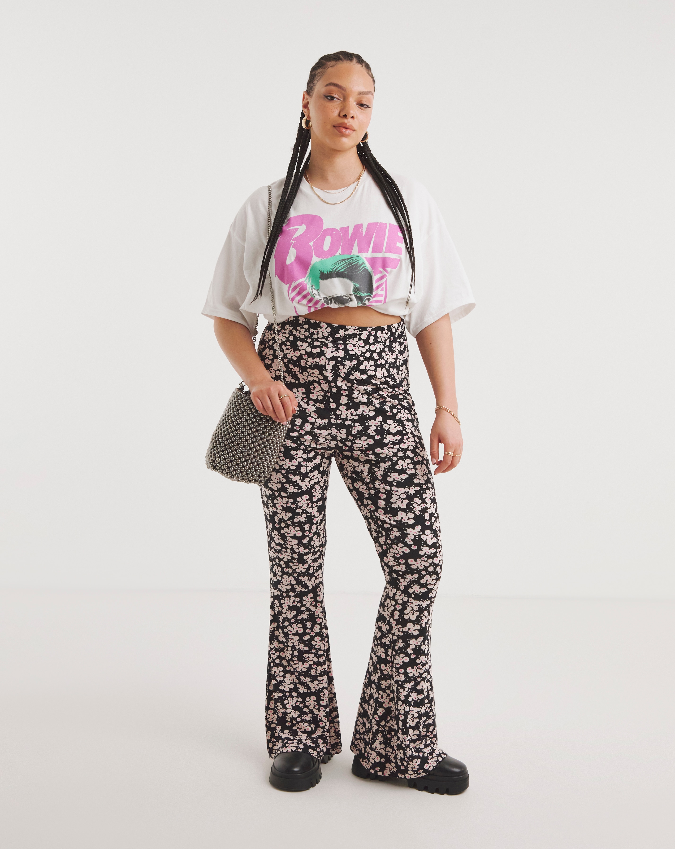 Black Floral Print Jersey Flared Trouser Simply Be