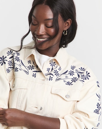 Simply Be Ecru Floral Embroidered Denim Boyfriend Jacket