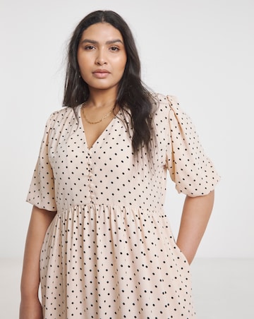 Spot Print Button Through Midi Dress With Pockets