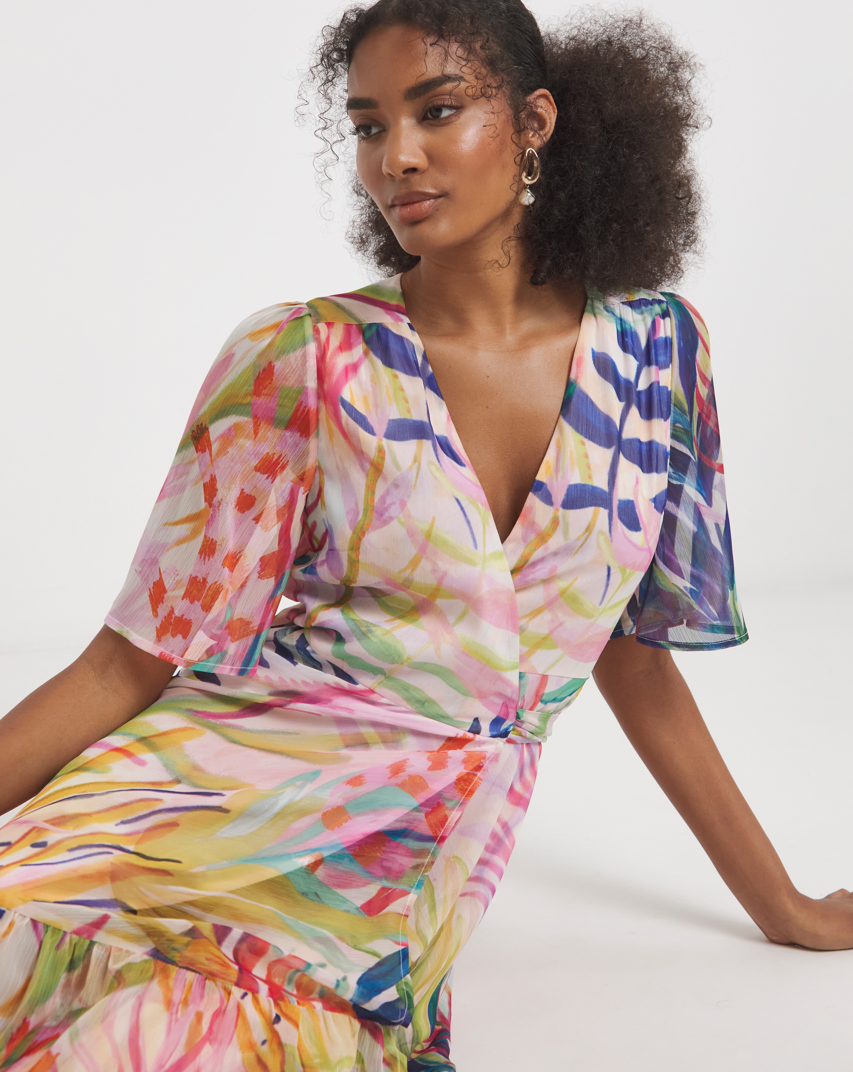 Warehouse Tulle Spot Plunge Neck Flutter Sleeve Tier Maxi Dress in Grey | UK