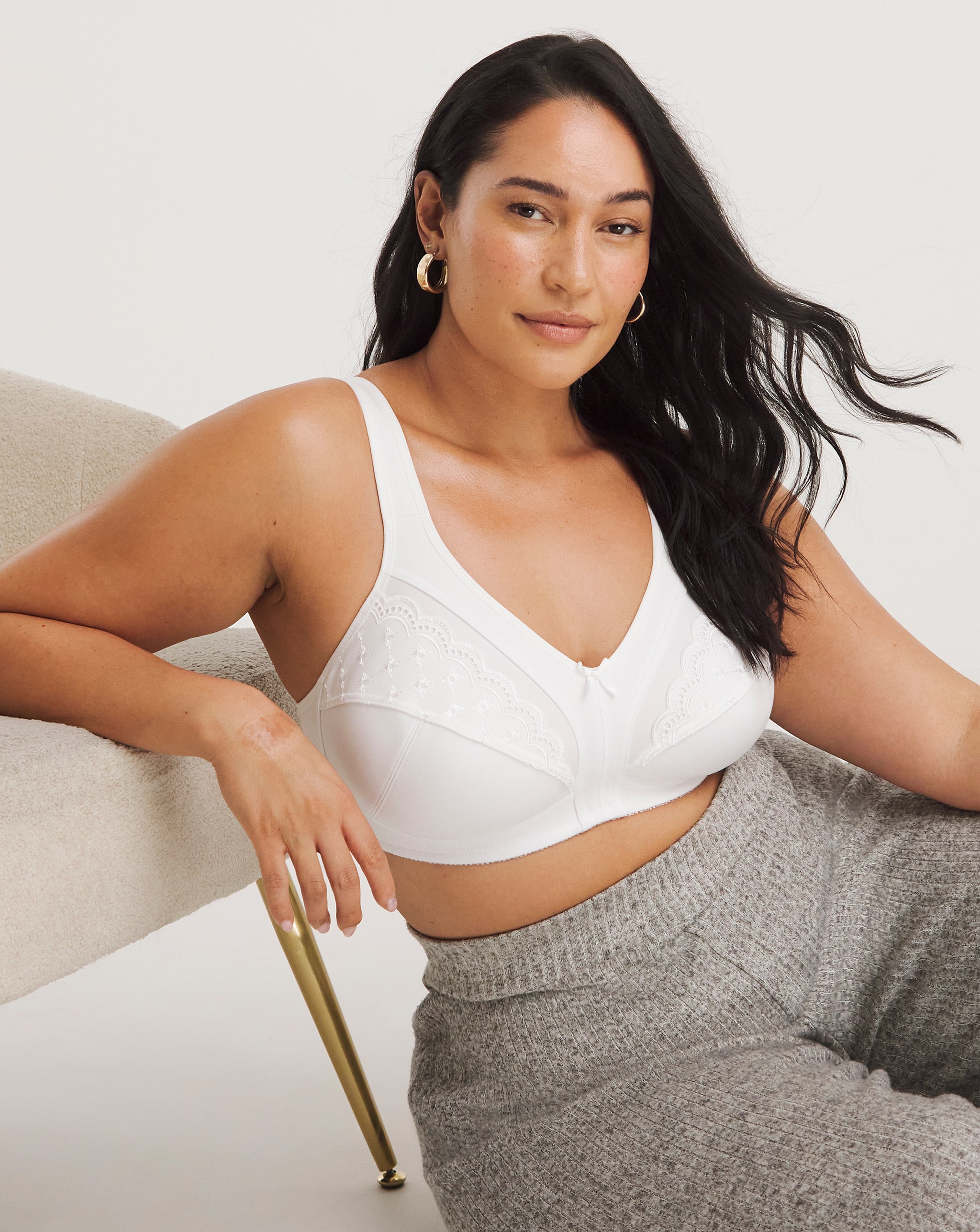 A model wearing a white sports bra