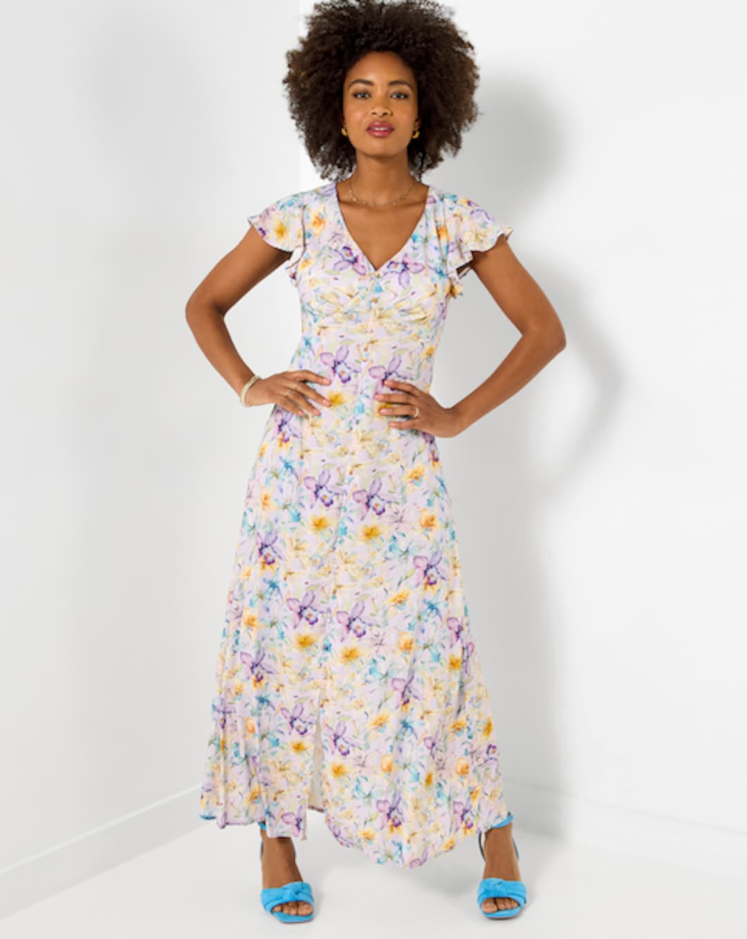 blue and brown fall dress Multi Floral Print Cotton - Mini Dresses Size:Full Bust 1X READY-TO-WEAR perfect for weddings Dress Shirt Grey Pants