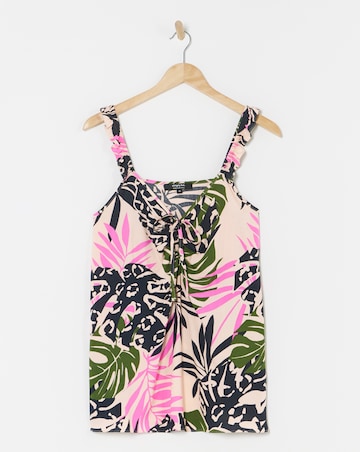 Simply Be Palm Print Ruched Tie Detail Frill Strap Viscose Cami