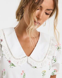 Neon Rose Printed Floral Cotton Poplin Midaxi Dress with Contrast Collar