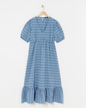 Blue Check Textured Short Sleeve Midi Dress
