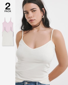 Pink &amp; Ivory 2 Pack V Neck Pure Cotton Longline Camis