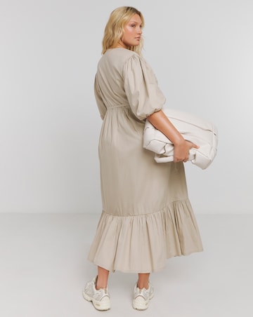 Stone Cotton Poplin Puff Sleeve Wrap Midi Dress