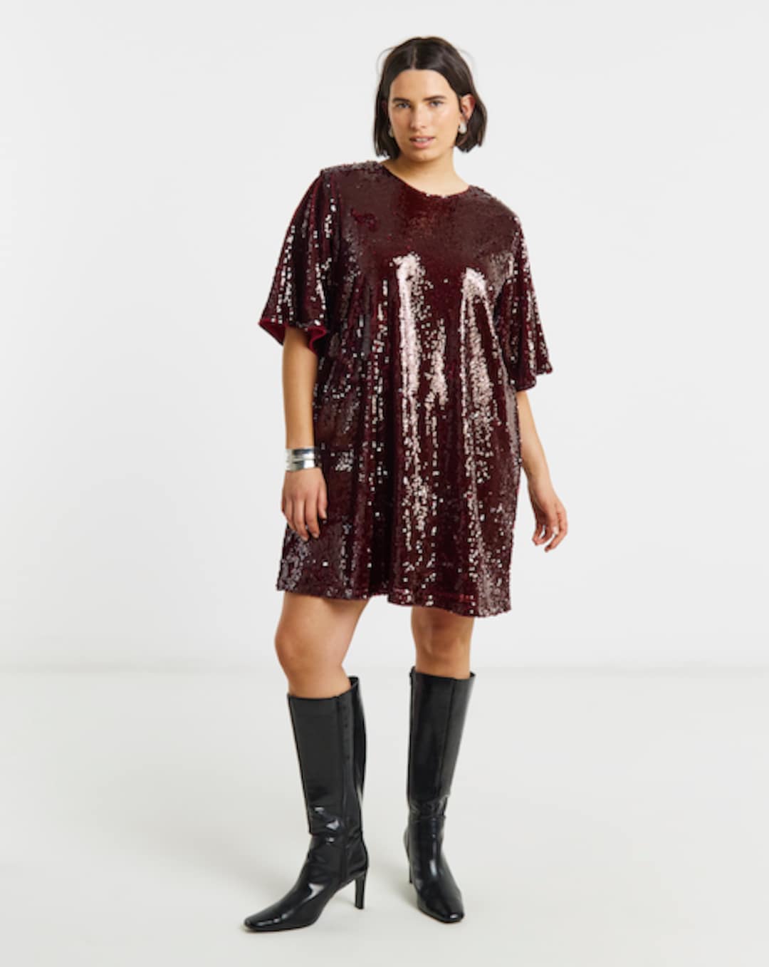 burgundy shirt dresses Plus Size Metallic Ruched Shirt Dress- Burgundy 1X / Burgundy at Curvy Sense