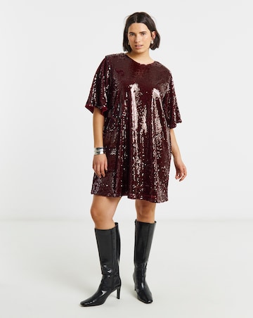 Burgundy Bow Back Sequin T-Shirt Dress