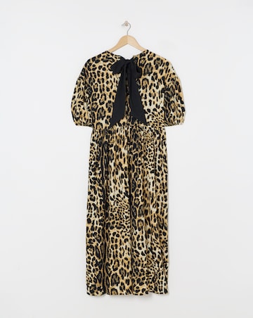 Leopard Print Bow Detail Waffle Midi Dress