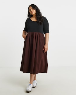 Simply Be Black and Chocolate Jersey Woven Mix Midi Dress With Pockets