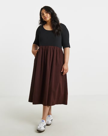 Simply Be Black and Chocolate Jersey Woven Mix Midi Dress With Pockets