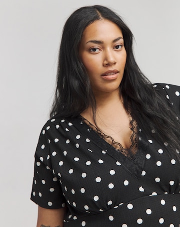 Spot Print Waffle Lace Trim Skater Dress