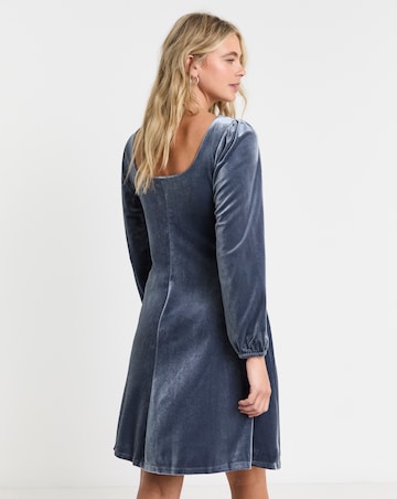 Blue Ruched Front Velour Tea Dress