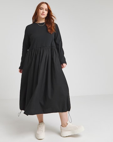 Black Jersey Poplin Mix Long Sleeve Midi Dress With Pockets