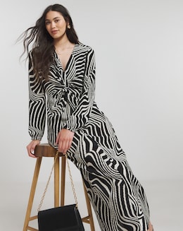 Mono Swirl Print Plisse Twist Front Midaxi Dress