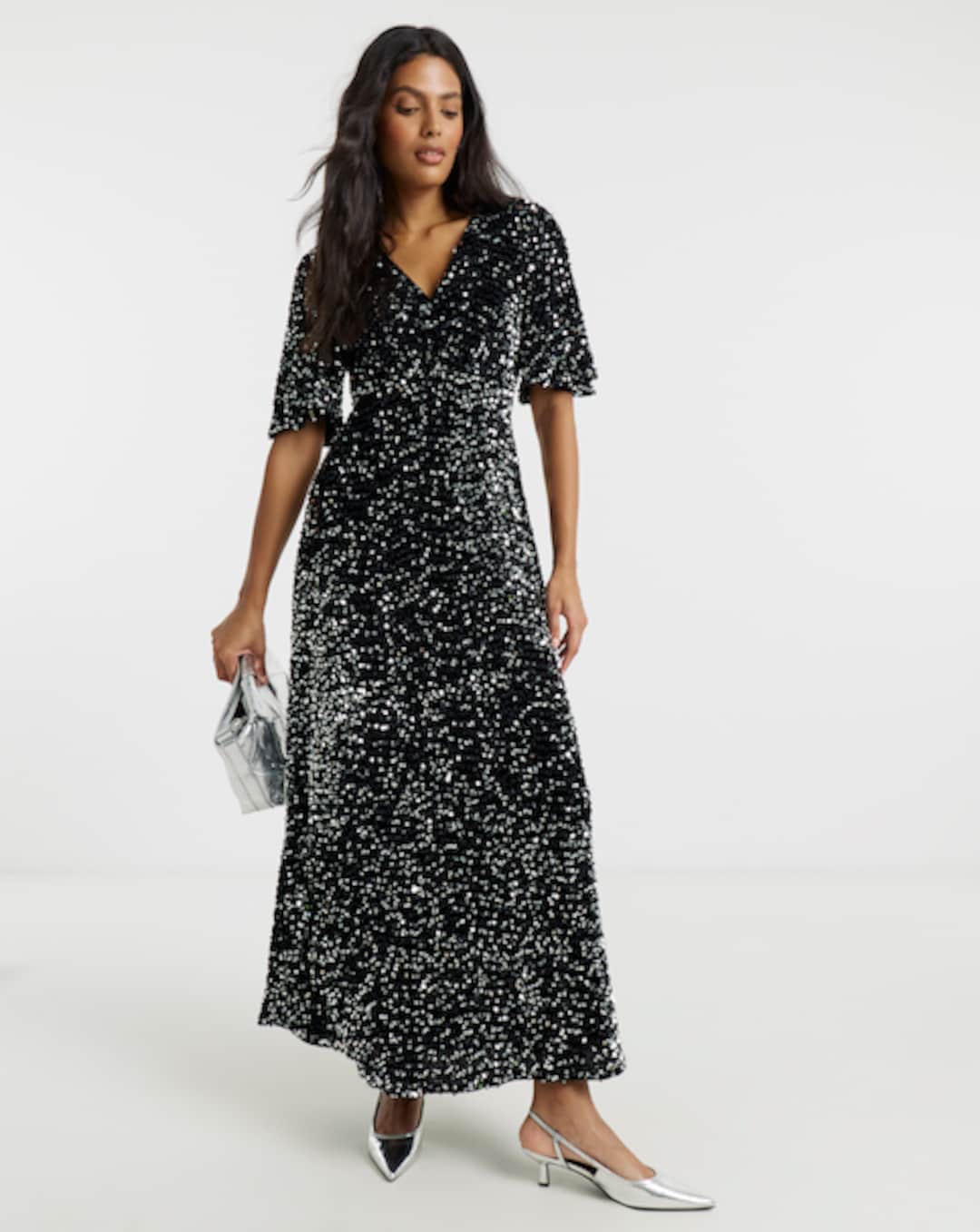 long black maxi dress outfit Casual Black Dotted Tiered Midi Dress S