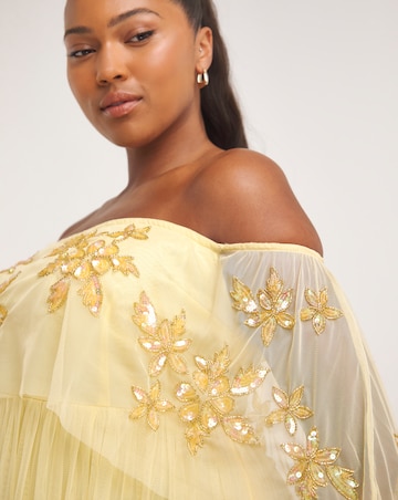 Maya Curve Bardot Floral Sequin Embroidered Tulle Midi Dress