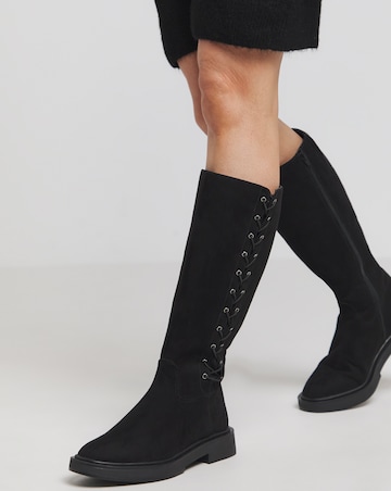 Farley Side Lace Up Flat Knee High Boots Extra Wide EEE Fit Super Curvy Calf