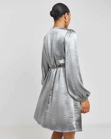 Grey Satin Tie Front Long Sleeve Dress