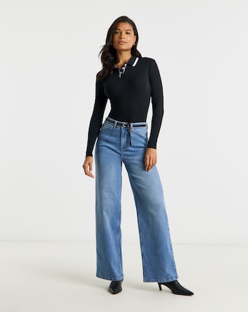 Simply Be Black & White Contrast Tipping Ribbed Polo Top