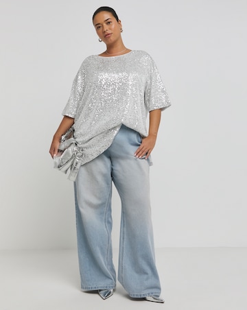 Silver Linear Sequin Oversized T-Shirt