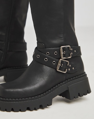 Hendrix Chunky Multi Buckle Calf Height Biker Boots Wide E Fit Super Curvy Calf