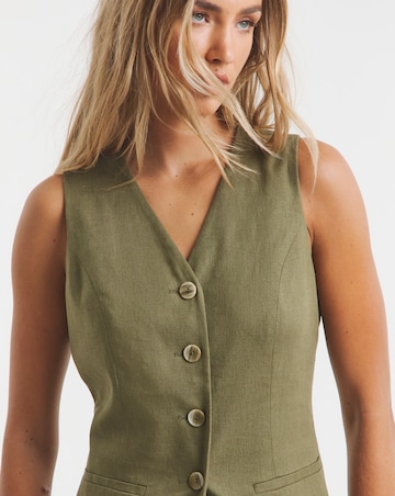 Khaki Linen Blend Longline Co-ord Waistcoat