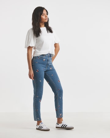 Mid Blue Floral Embroidered Slim Mom Jeans