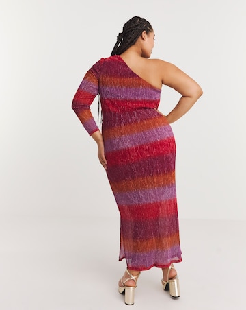 Multi Ombre Stripe Pleated Glitter Mesh One Shoulder Maxi Column Dress