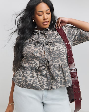 Leopard Tie Front Puff Sleeve Smock Top