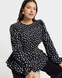 Mono Print Long Sleeve Shirred Top