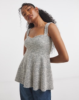 Black &amp; White Boucle Sweetheart Neck Peplum Top