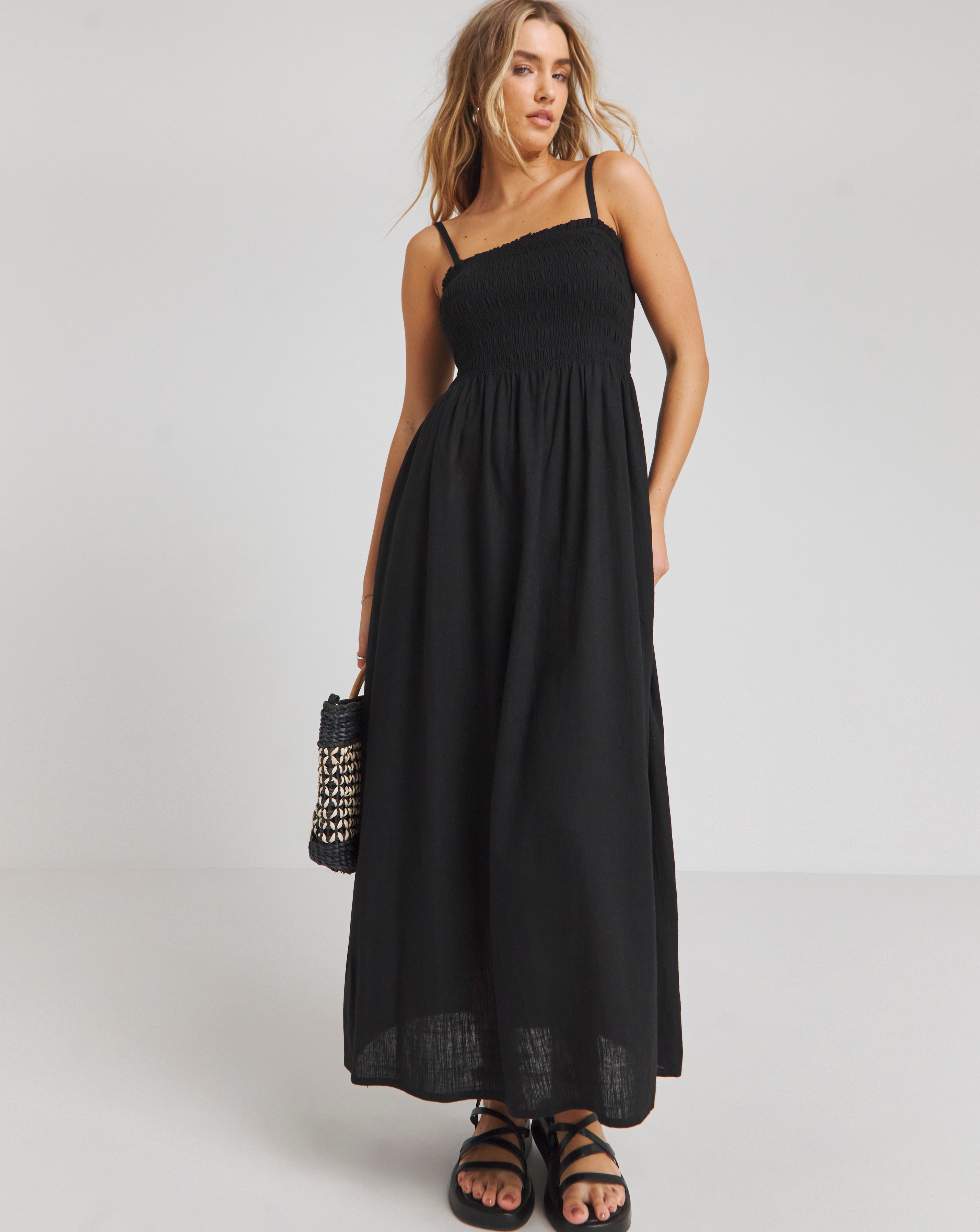Black Shirred Bandeau Linen Midi Dress | Simply Be