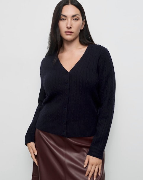Mango V-Neck Braided Knit Navy Cardigan