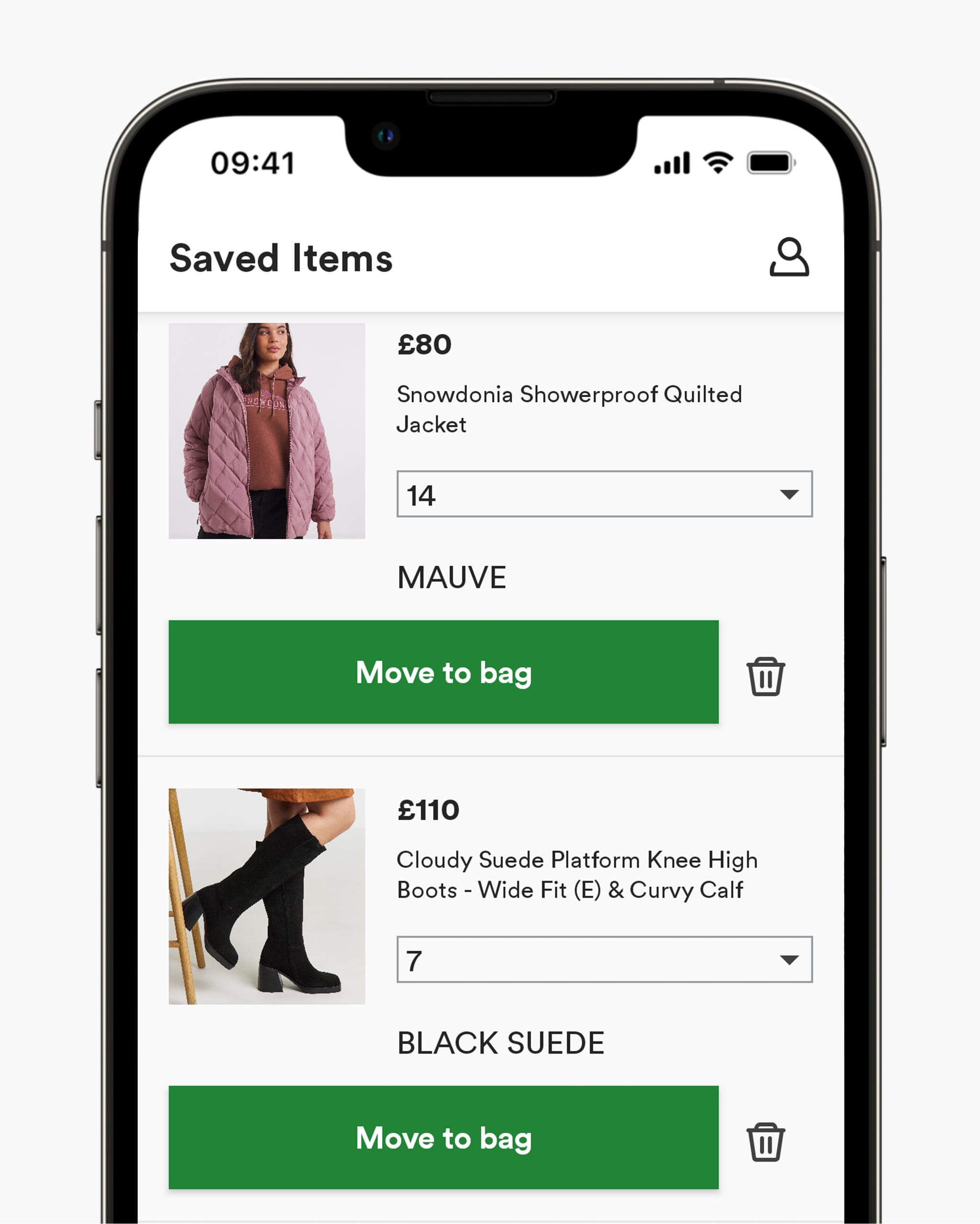 Simply Be App 'Save for later' page