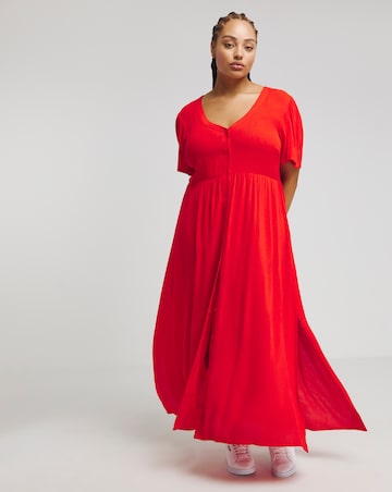 Red Crinkle Button Through Maxi Dress with Pockets