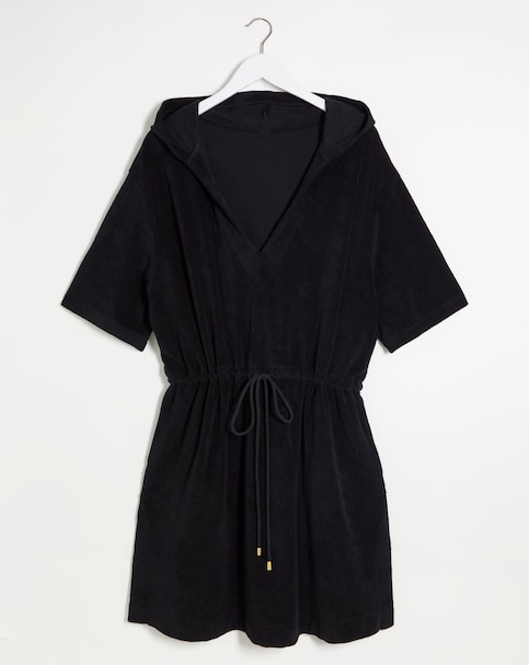 Black Cotton Towelling Poncho - Black