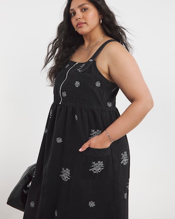 Embroidered Midaxi Denim Pinafore Dress