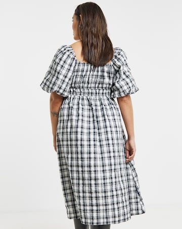 Simply Be Mono Check Midi Dress With Shirred Bodice