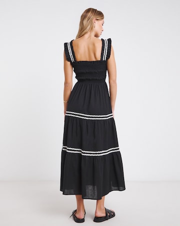 Black Shirred Maxi Dress with Scallop Detail
