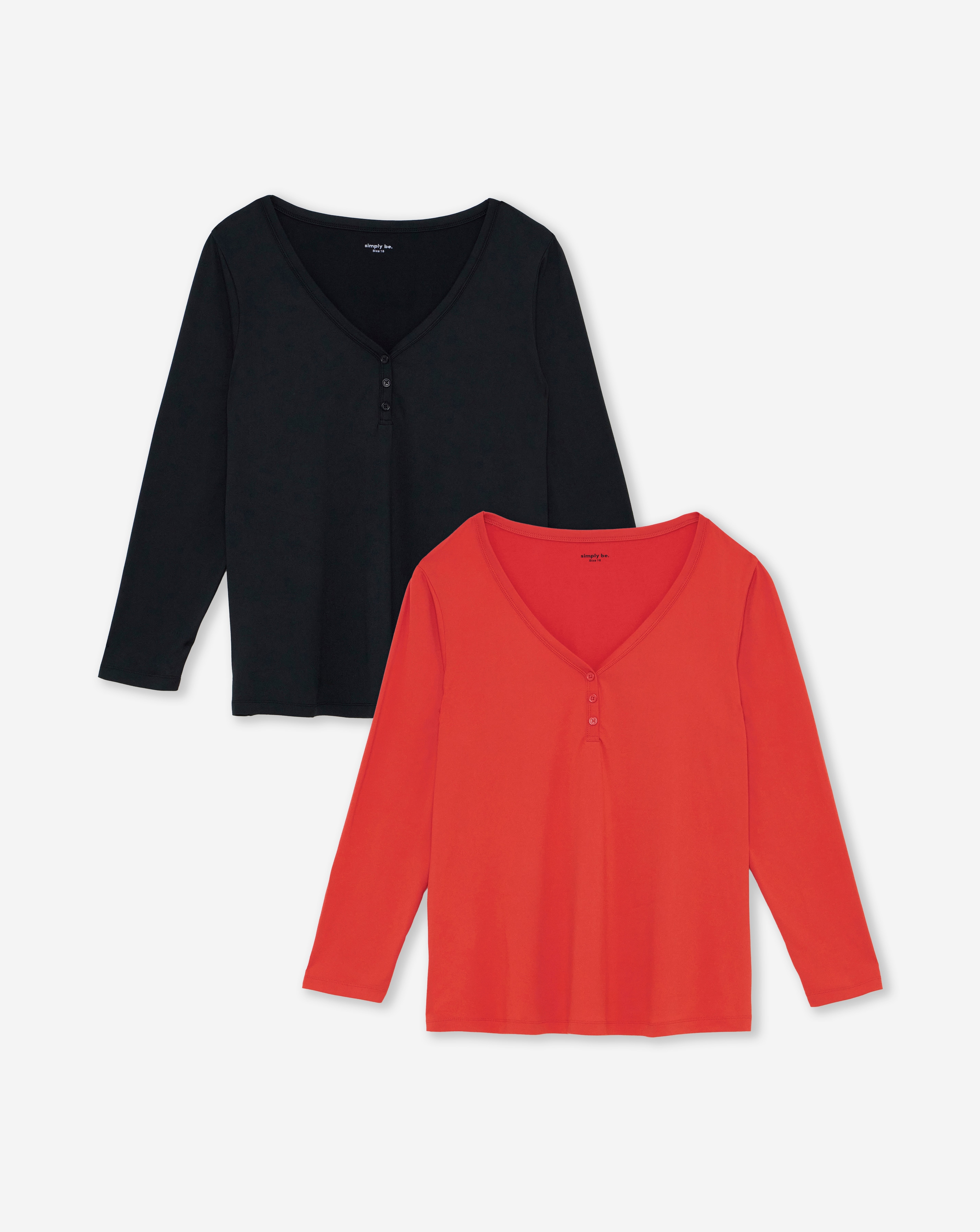 Black & Red 2 Pack Soft Touch Henley Tops | Simply Be