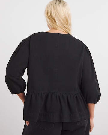 Black Tie Front Denim Peplum Blouse