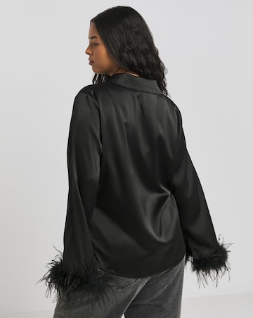 Lovedrobe Black Satin Shirt with Feather Cuffs